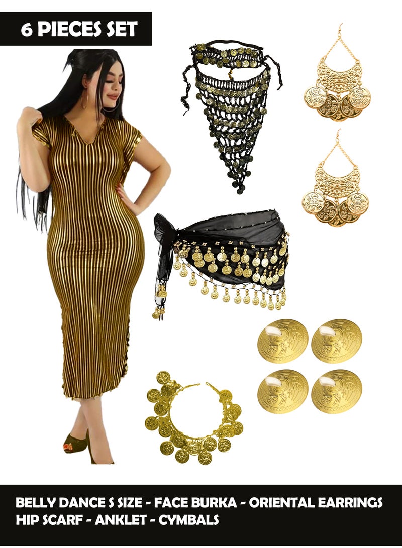 6 pieces set Oriental belly dance outfit smooth comfortable movement size from small-medium, belly dance costume for parties performance traditional Lebanese Turkish Egyptian jalabiya, galabeya (Gold Set Small) - Image 2